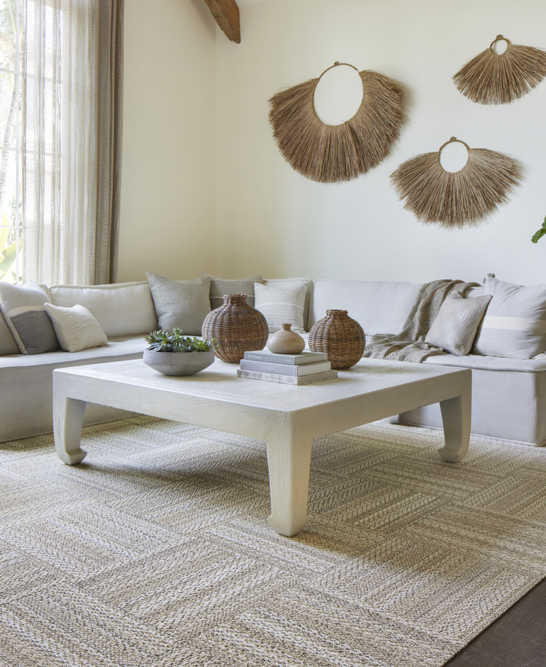 Living Room with FLOR Skipping Rope area rug shown in Pearl